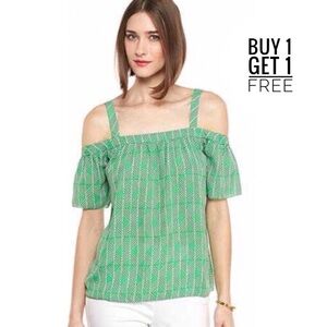KAARI Blue Cold Shoulder Green & White Top M NEW